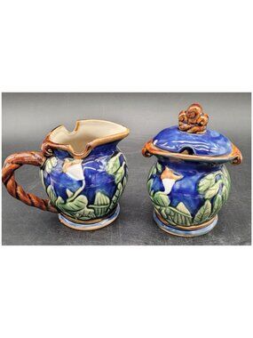 Henriksen VINTAGE Porcelain Blue/White/Green CALLA LILY Lidded Sugar & Creamer